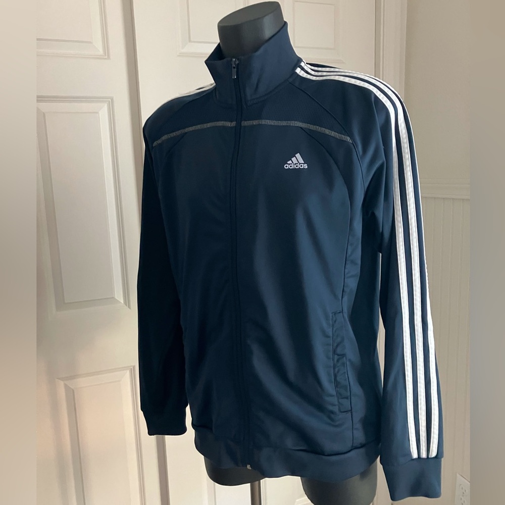 Men’s adidas track jacket navy blue white medium athletic